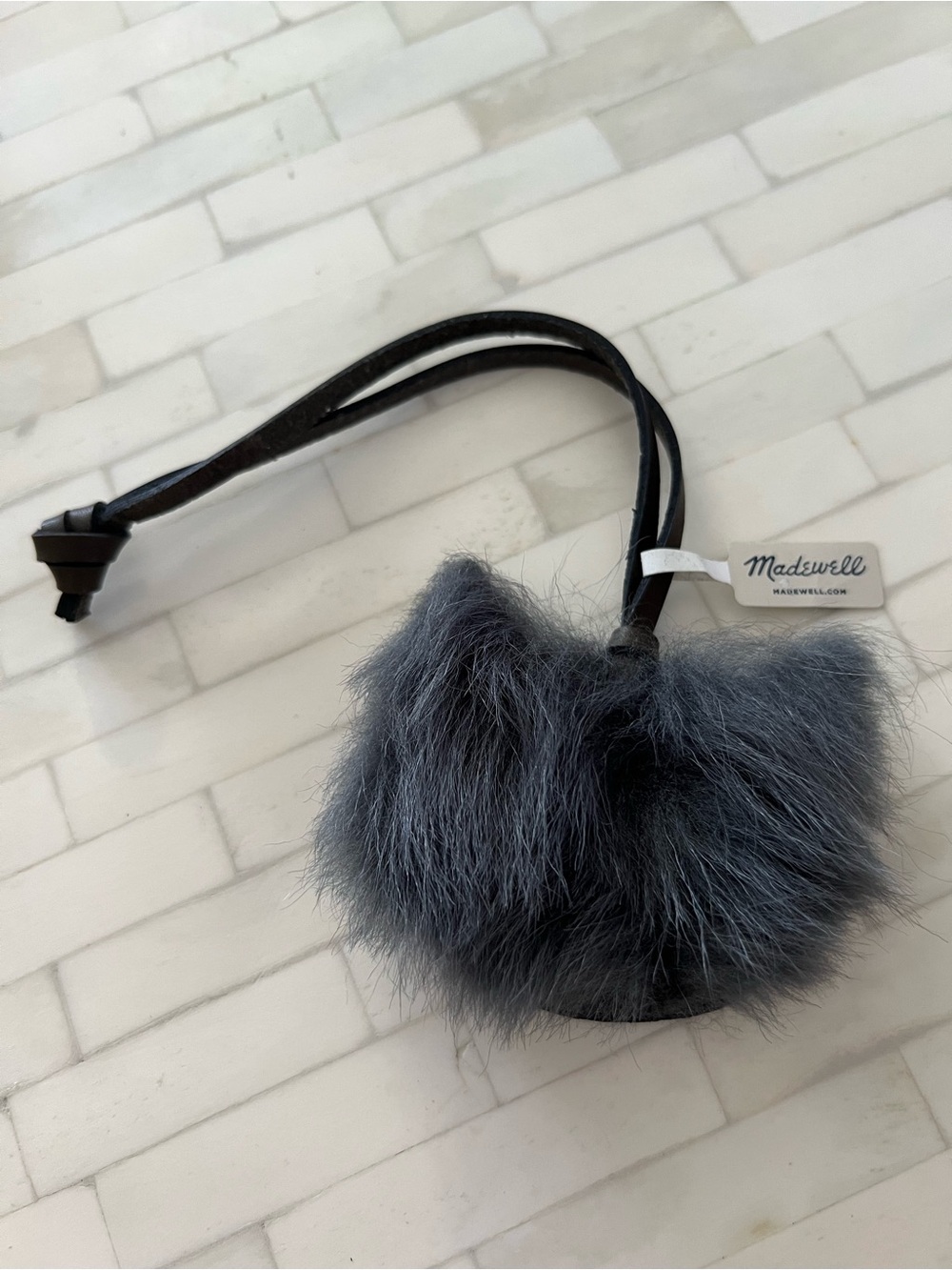 Madewell Gray Faux Fur Pom-Pom Key Charm with Leather Strap
